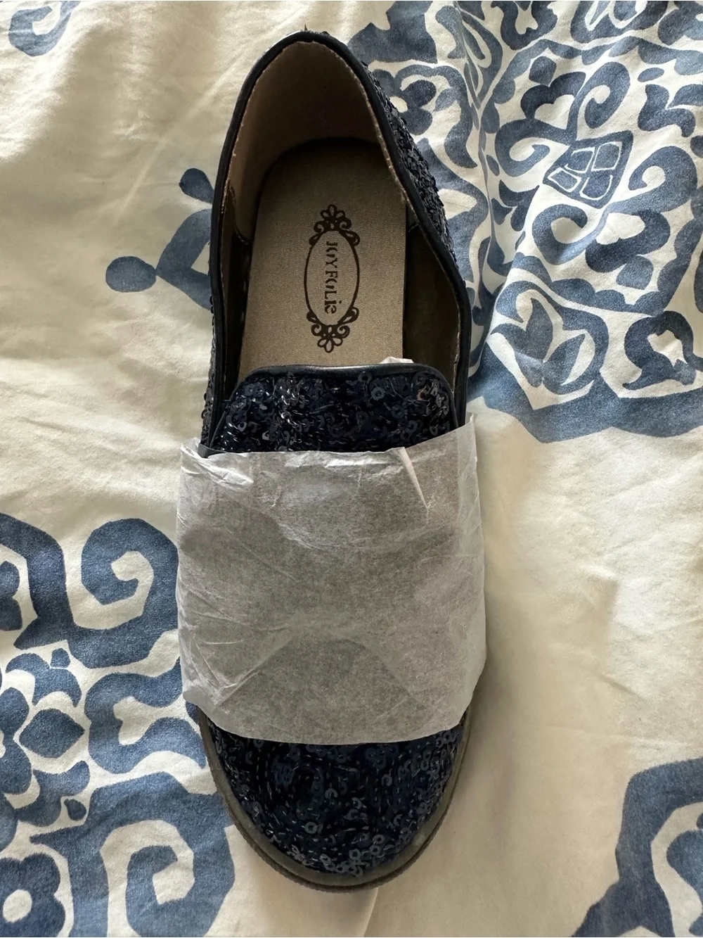 Joyfolie Navy Sequin Bow Slip-On Loafers